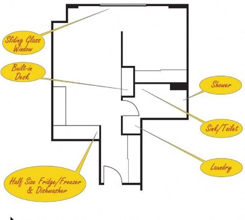 Floor plan for 1 bed, 1 bath, 571 sqft